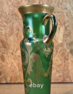 Vase Antique Glass Enamelled Green & Gold Art Nouveau, Bohemia, Pattern Floral