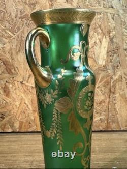 Vase Antique Glass Enamelled Green & Gold Art Nouveau, Bohemia, Pattern Floral