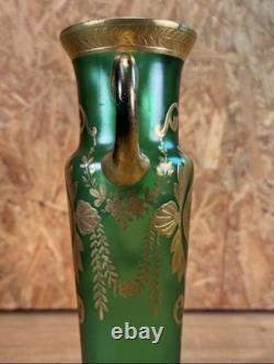 Vase Antique Glass Enamelled Green & Gold Art Nouveau, Bohemia, Pattern Floral