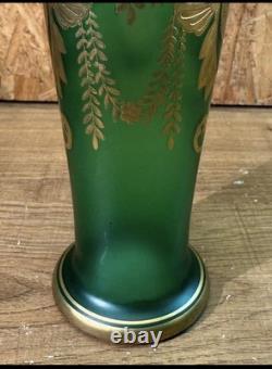 Vase Antique Glass Enamelled Green & Gold Art Nouveau, Bohemia, Pattern Floral