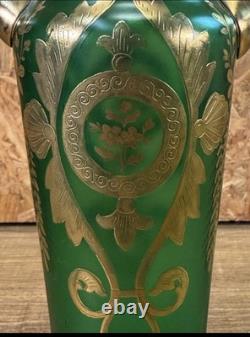 Vase Antique Glass Enamelled Green & Gold Art Nouveau, Bohemia, Pattern Floral