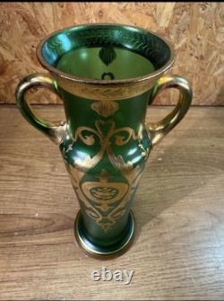 Vase Antique Glass Enamelled Green & Gold Art Nouveau, Bohemia, Pattern Floral