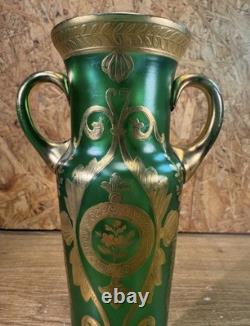 Vase Antique Glass Enamelled Green & Gold Art Nouveau, Bohemia, Pattern Floral