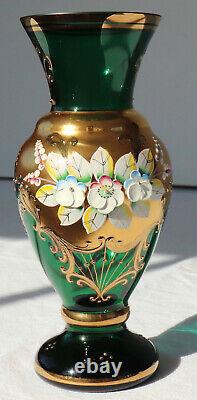 Vase Glas Flowers 3D Blossoms Bohemia Hand Painted Pageantry Nouveau Gold Green