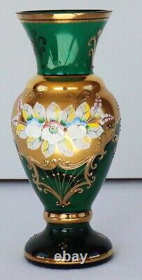 Vase Glas Flowers 3D Blossoms Bohemia Hand Painted Pageantry Nouveau Gold Green