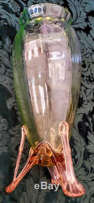 Vaseline Glass Loetz Austria Green Hand Blown Paneled Pink Tri-Pod Feet Vase