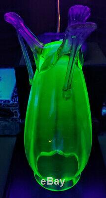 Vaseline Glass Loetz Austria Green Hand Blown Paneled Pink Tri-Pod Feet Vase