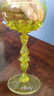 Vaseline Glass Ornate Stem Work Czech Wine Glass Egermann Design Fine 1890's