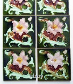 Very Fine Original Set of 10 Antique Art Nouveau LILY Fireplace Tiles Birmingham