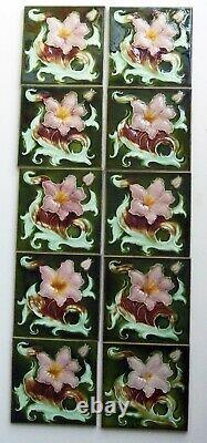 Very Fine Original Set of 10 Antique Art Nouveau LILY Fireplace Tiles Birmingham