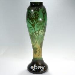 Very Large Antique Signed Gallé French Art Nouveau Green Cameo Art Glass Vase