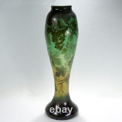 Very Large Antique Signed Gallé French Art Nouveau Green Cameo Art Glass Vase