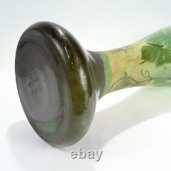 Very Large Antique Signed Gallé French Art Nouveau Green Cameo Art Glass Vase