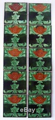 Very Stylish Original Set of 10 Antique Art Nouveau Fireplace Tiles Birmingham
