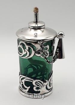 Very rare Green glass & sterling silver Edwardian cigar oil table lighter 1903