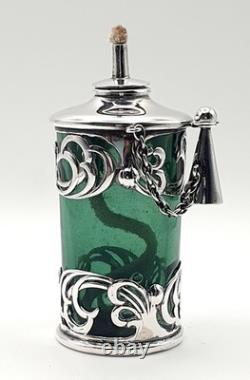 Very rare Green glass & sterling silver Edwardian cigar oil table lighter 1903