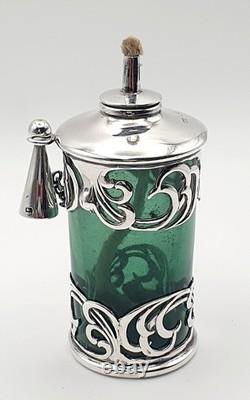 Very rare Green glass & sterling silver Edwardian cigar oil table lighter 1903