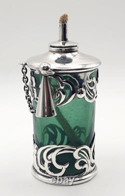 Very rare Green glass & sterling silver Edwardian cigar oil table lighter 1903