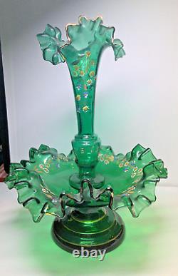 Victorian Art Nouveau Epergne Enameled Green Ruffled Vase And Bowl