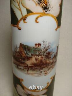 Victorian Art Nouveau Opaque Glass Vase Handpainted Enamel Poppies Landscape 12