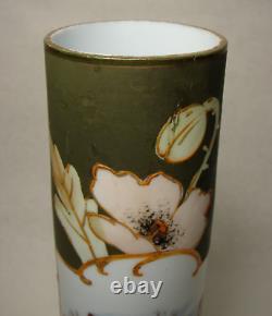 Victorian Art Nouveau Opaque Glass Vase Handpainted Enamel Poppies Landscape 12