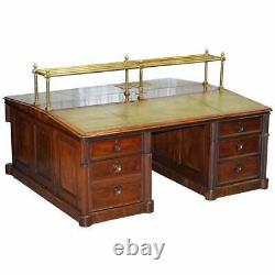 Victorian Double Sided Luxury Honduras Mahogany Brass Green Leather Banking Desk