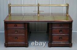 Victorian Double Sided Luxury Honduras Mahogany Brass Green Leather Banking Desk