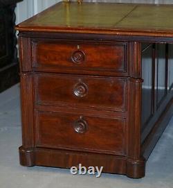 Victorian Double Sided Luxury Honduras Mahogany Brass Green Leather Banking Desk