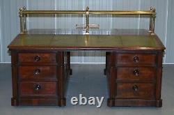 Victorian Double Sided Luxury Honduras Mahogany Brass Green Leather Banking Desk