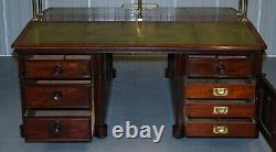 Victorian Double Sided Luxury Honduras Mahogany Brass Green Leather Banking Desk