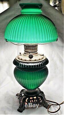 Victorian Emeralite Green Ribbed Cased Glass Oil Student Rail Lamp Electrified