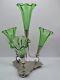 Victorian Epergne Four Fluted Green Glass Vases On Silver Plate Stand C1900