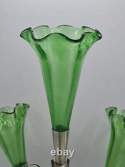Victorian Epergne Four Fluted Green Glass Vases on Silver Plate Stand c1900