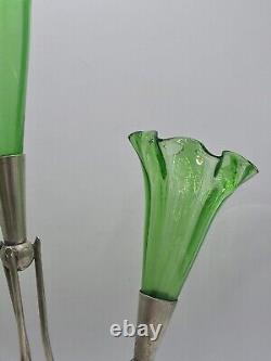 Victorian Epergne Four Fluted Green Glass Vases on Silver Plate Stand c1900