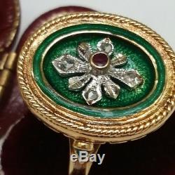 Victorian Green Enameled 750(18k) YG Genuine Ruby & Diamonds, 9.7gr, late 1880s