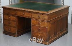 Victorian Oak 18 Drawer Double Sided Twin Pedestal Partner Desk Green Leather