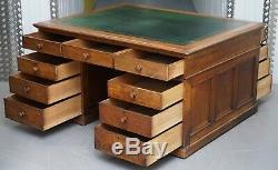 Victorian Oak 18 Drawer Double Sided Twin Pedestal Partner Desk Green Leather