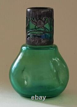 Victorian green glass vintage Art Nouveau antique metal rim vase