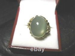 Vintage 10k Yellow Gold Massive Ring Green Moonstone & Diamonds, Art Nouveau