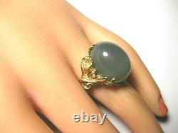 Vintage 10k Yellow Gold Massive Ring Green Moonstone & Diamonds, Art Nouveau