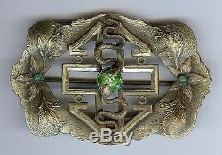 Vintage 1920's Snakes & Flowers With Green Glass Sash Pin Brooch