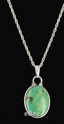 Vintage 60's Sterling Green Turquoise Pendant Necklace Rhodium Plated