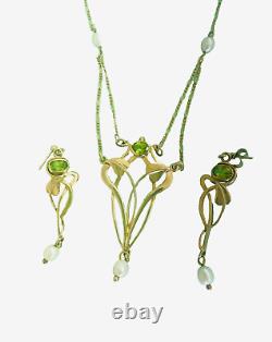 Vintage 9ct gold peridot necklace, earrings Joanna Thomson Celtic Art Nouveau
