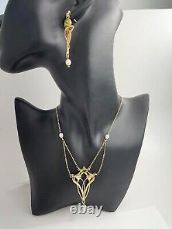 Vintage 9ct gold peridot necklace, earrings Joanna Thomson Celtic Art Nouveau