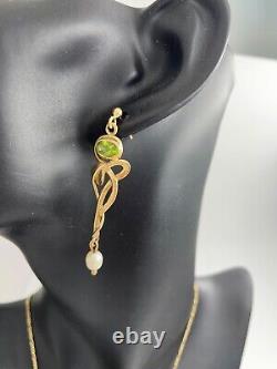 Vintage 9ct gold peridot necklace, earrings Joanna Thomson Celtic Art Nouveau