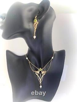 Vintage 9ct gold peridot necklace, earrings Joanna Thomson Celtic Art Nouveau