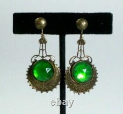 Vintage ART DECO NOUVEAU Green Czech Glass Long Dangle Earrings Screw Back 30's