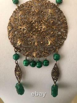 Vintage Antique Art Deco Nouveau BIG Pendant Necklace Czech Bohemain Glass Green
