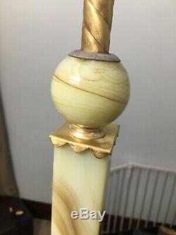 Vintage Antique Art Nouveau Jade Marble Brass Table Lamp Dual Double Light