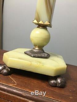 Vintage Antique Art Nouveau Jade Marble Brass Table Lamp Dual Double Light